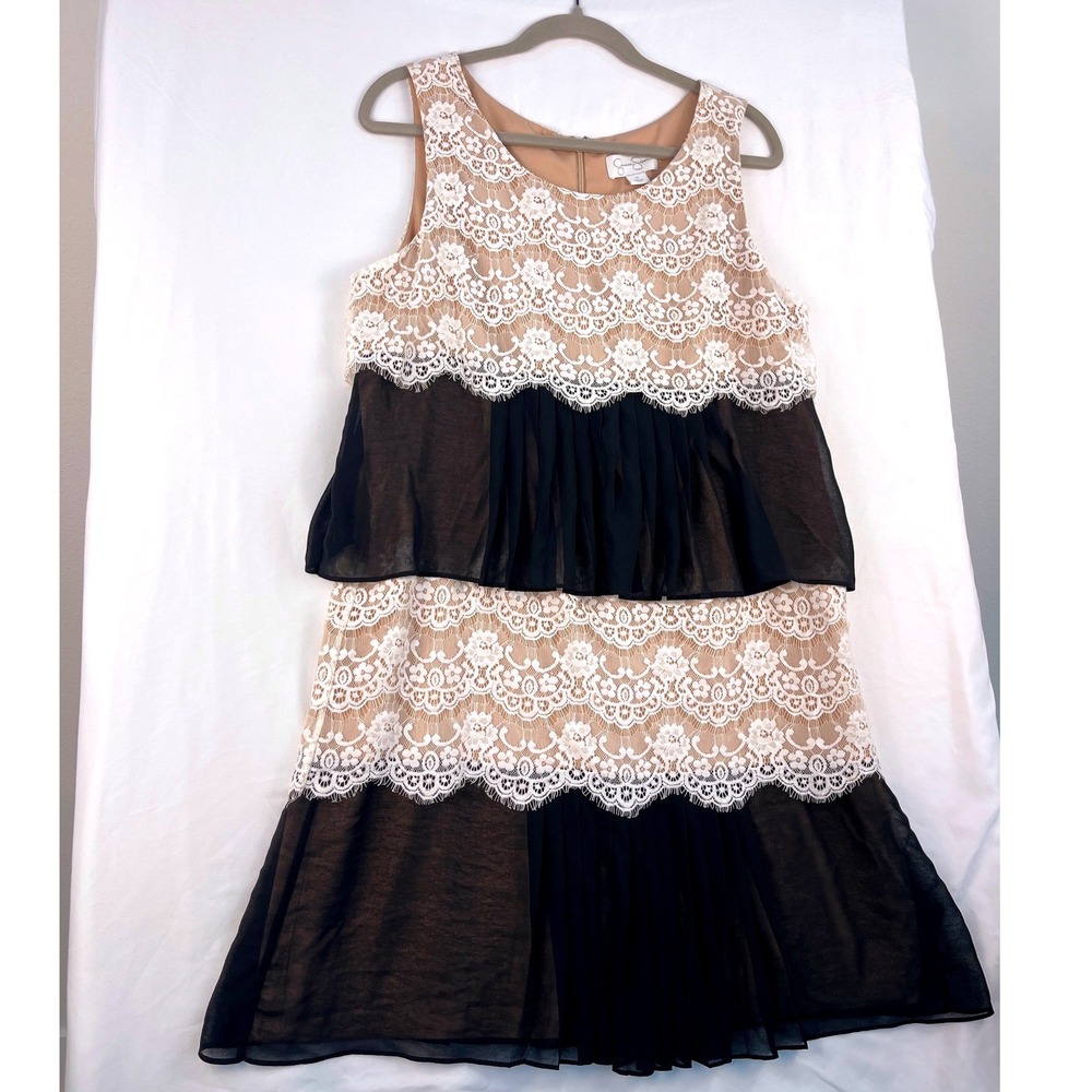 Jessica Simpson Womens Tiered Lace Chiffon Sleeveless Party Dress Black White 14